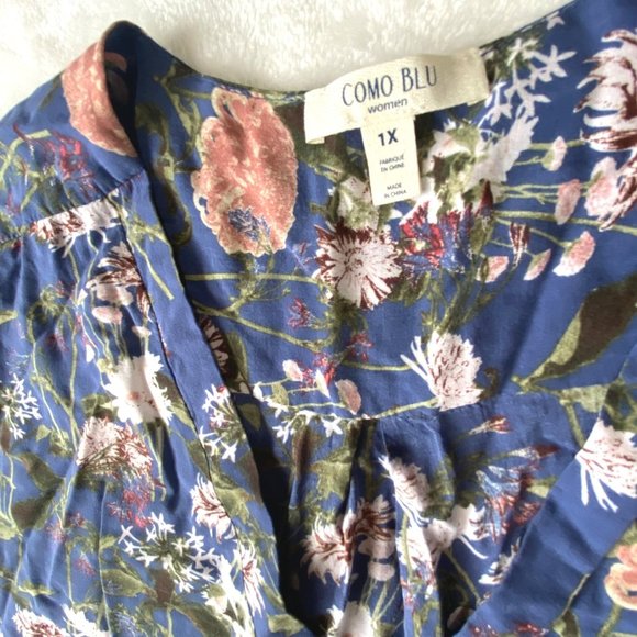 size 1x blouse/top Como Blu roll tab sleeves floral lightweight v-neck - Picture 9 of 11